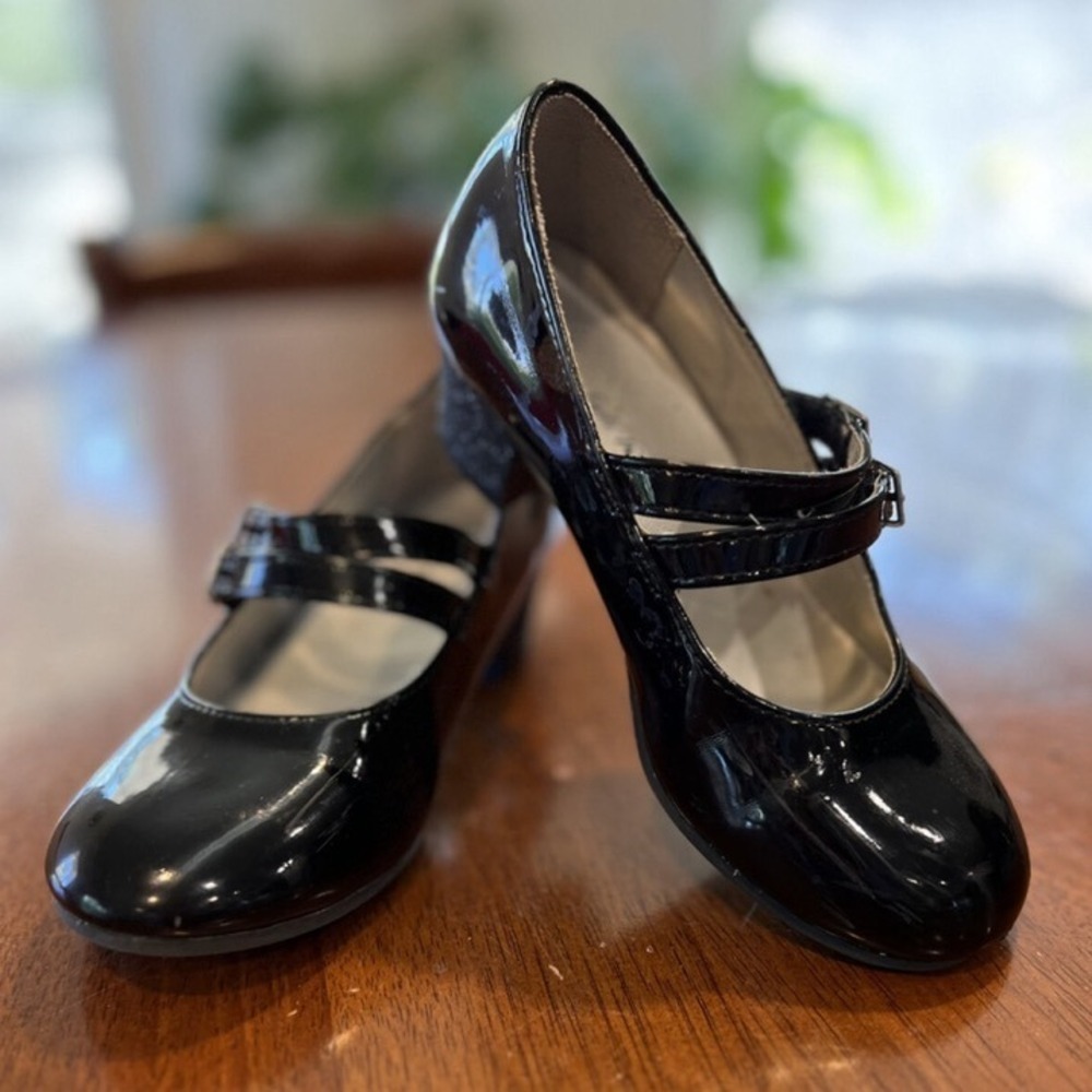 American Eagle Kids Black Patent Mary Jane Glitter Block Heel Shoes Toddler 11